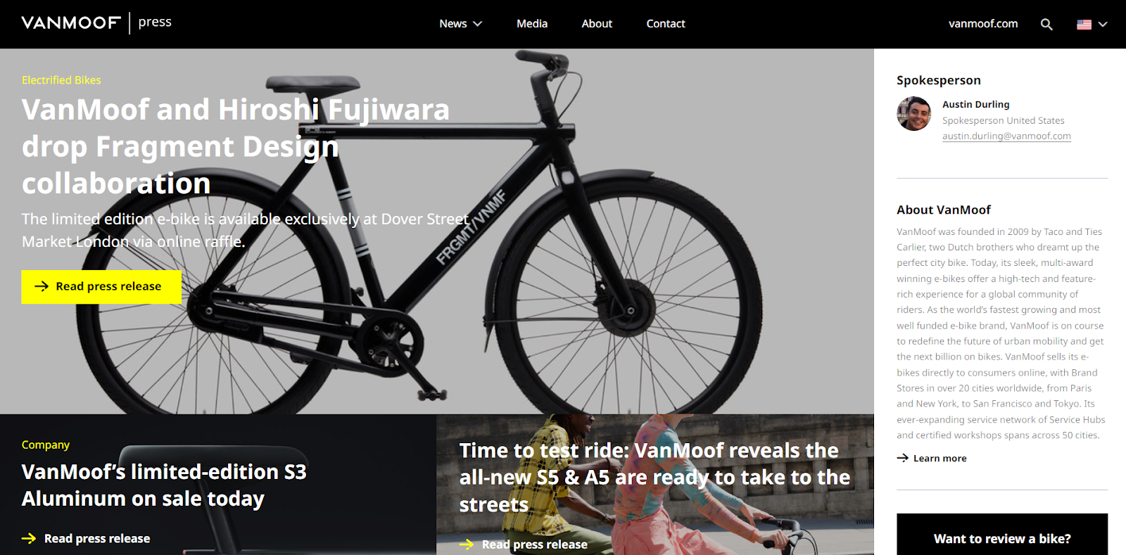 Screen shot of VanMoof's press page